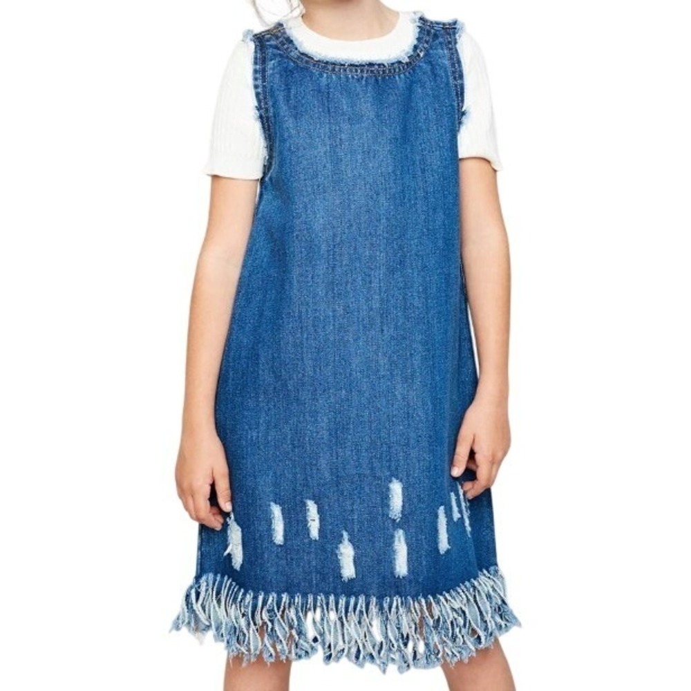 Hayden Girls Denim Sleeveless‎ Shift Dress Size 7/8 Blue Distressed Fringe Boho